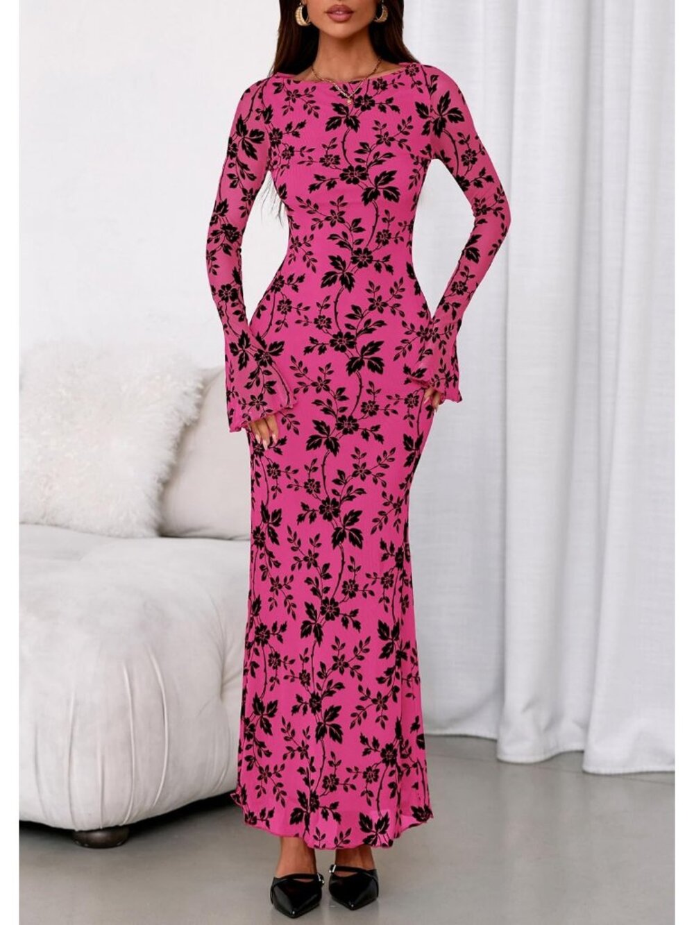 Women's Hot Pink Slim Fitted Boat Neck Long Sleeves Floral Bodycon Maxi Dresses - Picture 3 of 6